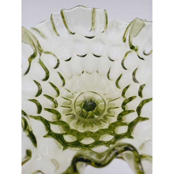 Vintage Fenton Glass Candy Dish Pedestal Green Thumbprint Ruffle Rim Compote 6" - Picture 5 of 15